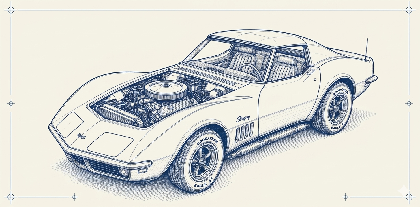 Blueprint cutaway of the CEO Value Engine illustrated as a Corvette Stingray with the hood open.