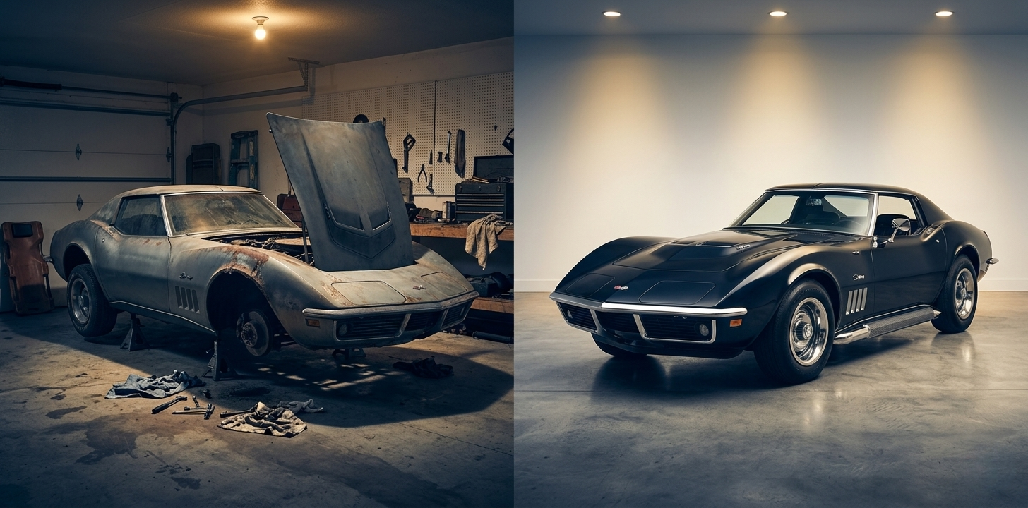 Left: a rusted, unfinished Corvette in a dark garage — what buyers see in most businesses. Right: a restored, gleaming black Corvette in a clean showroom — what Get Sellable helps you build.